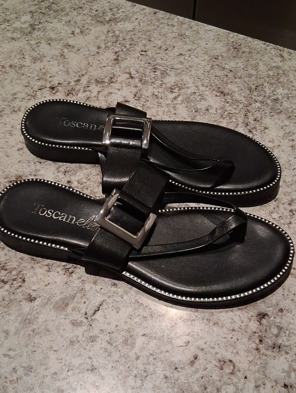 Toscanella Black Buckle Thong Sandals with Rhinestone Trim